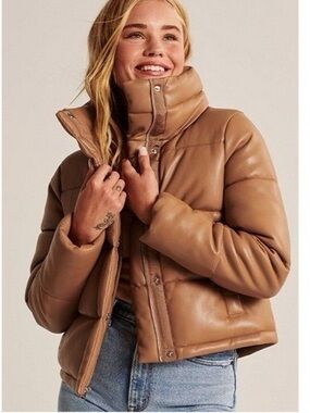 Abercrombie & Fitch Camel Tan Faux Leather Puffer Jacket
